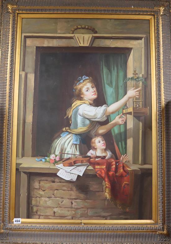 D. Epple, oil on board, Mother and child feeding a cage bird, 90 x 60cm